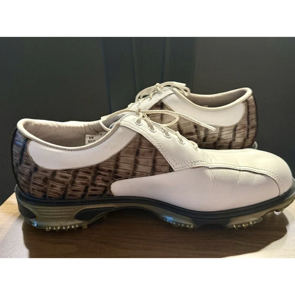 Footjoy FJ Dryjoys Tours Spiked Mens Golf Shoes White Brown Alligator Lizard 8M